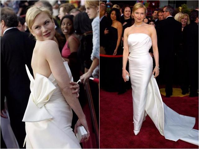 Talk about an incredible body. In 2004 Renee opted for a crisp white taffeta gown by Carolina Herrera. The style captured Old Hollywood essence and was paired with a $550,000 vintage Cartier diamond choker. (Pinterest)