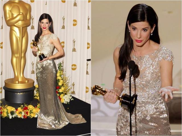 Sandra Bullock shimmered in an unforgettable gold Marchesa gown in 2010. (Pinterest)