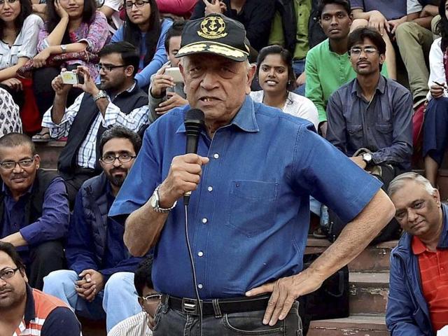 Admiral (Retd) Ramdas addresses the students agitating for the release of JNUSU president Kanhaiya Kumar at the Jawahar Lal Nehru University campus in New Delhi. (PTI Photo) Admiral (Retd) Ramdas addresses the students agitating for the release of JNUSU president Kanhaiya Kumar at the Jawahar Lal Nehru University campus in New Delhi. (PTI Photo)