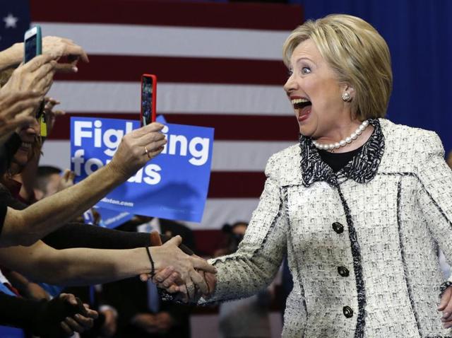 Democratic presidential candidate Hillary Clinton greets supporters at her election night watch party after winning the South Carolina Democratic primary in Columbia. (AP Photo) Democratic presidential candidate Hillary Clinton greets supporters at her election night watch party after winning the South Carolina Democratic primary in Columbia. (AP Photo)