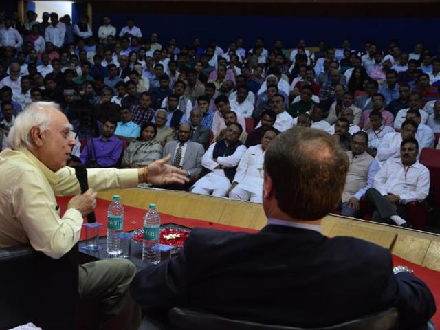 Kapil Sibal addressing during a talk show on "Constitution and patriotism" organised in Bhopal on Sunday. (Mujeeb Faruqui/ HT photo) Kapil Sibal addressing during a talk show on "Constitution and patriotism" organised in Bhopal on Sunday. (Mujeeb Faruqui/ HT photo)