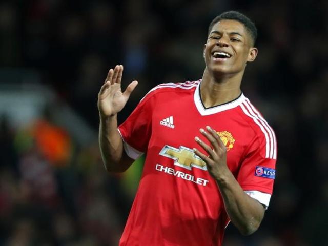 Marcus Rashford celebrates after scoring during the Europa League Round of 32 second leg match against FC Midtjylland on Thursday.(AP Photo)