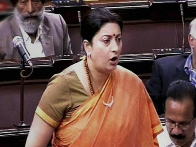 HRD minister Smriti Irani arrives at Parliament House in New Delhi during the Budget session.(PTI Photo)