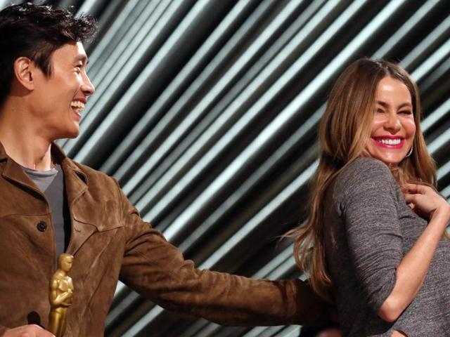 Sofia Vergara, right, and Byung-hun Lee. For many of the stars rehearsing Saturday, finding their seats inside the Dolby Theatre is among the most exciting elements. Celebrity seats are marked with photo placards during rehearsals. (Matt Sayles/Invision/AP) Sofia Vergara, right, and Byung-hun Lee. For many of the stars rehearsing Saturday, finding their seats inside the Dolby Theatre is among the most exciting elements. Celebrity seats are marked with photo placards during rehearsals. (Matt Sayles/Invision/AP)