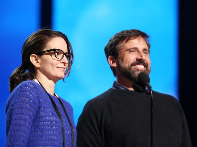 Tina Fey, left, and Steve Carell. Fey asked Steve Carell about their “Saturday Night Live” colleague during rehearsals. Sudeikis is attending the show with fiancée Olivia Wilde, who is a presenter. “We’re in the second row,” Carell pointed out. “Not too bad,” Fey replied. (Matt Sayles/Invision/AP) Tina Fey, left, and Steve Carell. Fey asked Steve Carell about their “Saturday Night Live” colleague during rehearsals. Sudeikis is attending the show with fiancée Olivia Wilde, who is a presenter. “We’re in the second row,” Carell pointed out. “Not too bad,” Fey replied. (Matt Sayles/Invision/AP)