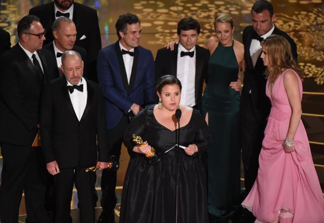 Blye Pagon Faust speaks as the production team and cast members of Spotlight accept the award for Best Picture on stage at the 88th Oscars. (AFP) Blye Pagon Faust speaks as the production team and cast members of Spotlight accept the award for Best Picture on stage at the 88th Oscars. (AFP)