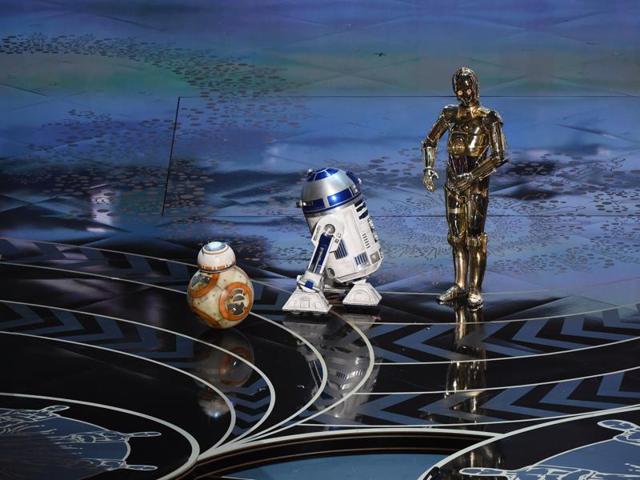 Star Wars characters C-3PO, R2D2 and BB-8 arrive on stage at the 88th Oscars, getting the loudest cheer of the night. (AFP) Star Wars characters C-3PO, R2D2 and BB-8 arrive on stage at the 88th Oscars, getting the loudest cheer of the night. (AFP)