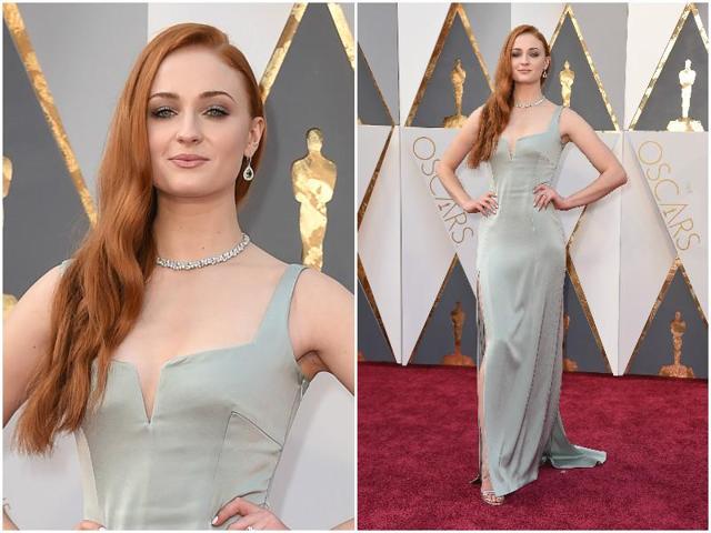 Sophie Turner in a great grey dress with a slit running thigh high. (AP)