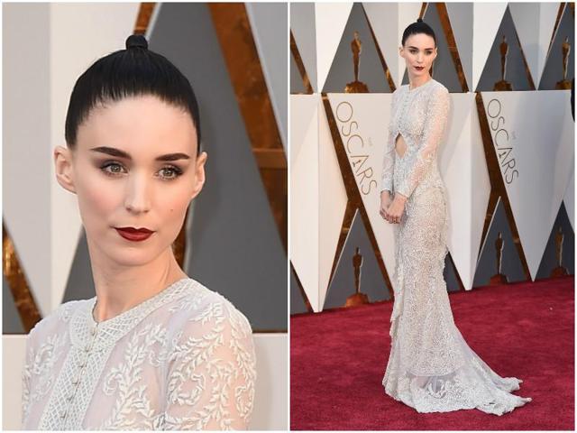 Rooney Mara in a beautiful white dress and tied up hair, like always. So stunning. (AP)