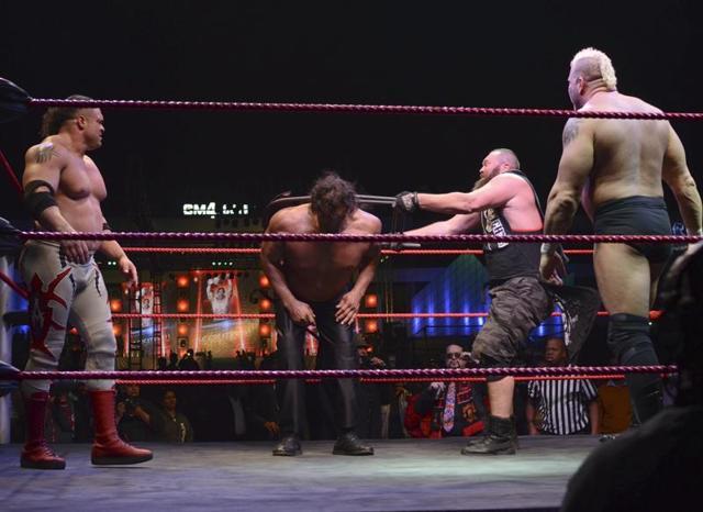 The hit by a chair that left Khali injured. (Rohit Umrao/HT Photo)