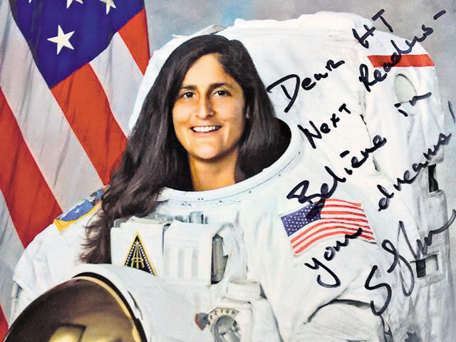 An authographed poster of Sunita Willaims with a message exhorting young HT readers to believe in their dreams. Williams participated in an interactive session with students from 60 Delhi-NCR schools on Friday.(HT Photo)