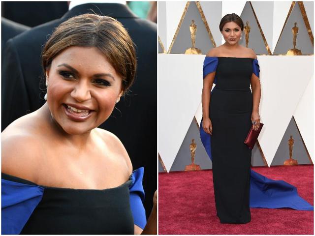 Mindy Kaling arrives in an off shoulder blue and black dress which has 3-feet long train. (Agenies)
