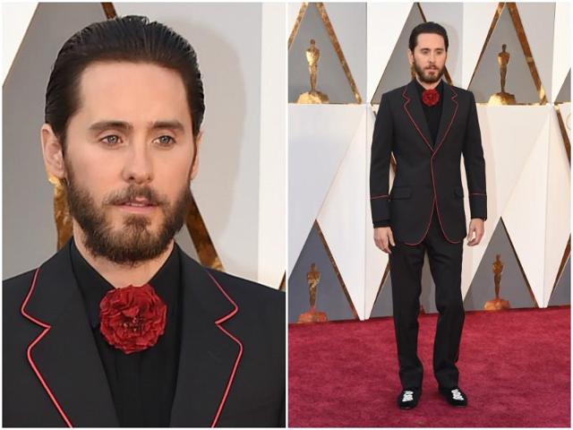What went wrong here, Jared Leto? A rose for a bow tie? Nope, not working at all. (AP)