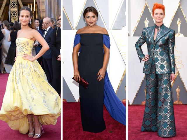 Alicia Vikander, Mindy Kaling and Sandy Powell (AFP)