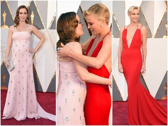 A pregnant Emily Blunt and Charlize Theron engage in a cute hug. Both look so pretty of course. (Agencies)