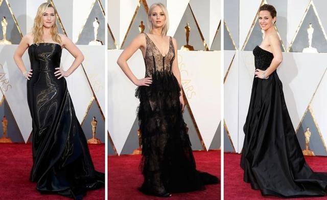 Safe yet sexy: Black was the favoured colour of actresses Kate Winslet (L), Jennifer Lawrence (C) and Jennifer Garner pose on the red carpet. Safe yet sexy: Black was the favoured colour of actresses Kate Winslet (L), Jennifer Lawrence (C) and Jennifer Garner pose on the red carpet.