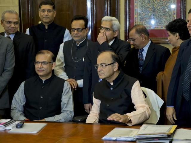 Finance Minister Arun Jaitley, seated right and members of his team pose for a photo on the eve of annual budget presentation in the Parliament in New Delhi, India, Sunday, Feb. 28, 2016. (AP) Finance Minister Arun Jaitley, seated right and members of his team pose for a photo on the eve of annual budget presentation in the Parliament in New Delhi, India, Sunday, Feb. 28, 2016. (AP)