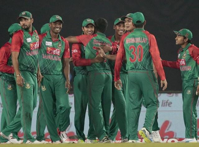Bangladesh’s players celebrate after the dismissal of Sri Lanka’s Tillakaratne Dilshan. (AP Photo) Bangladesh’s players celebrate after the dismissal of Sri Lanka’s Tillakaratne Dilshan. (AP Photo)