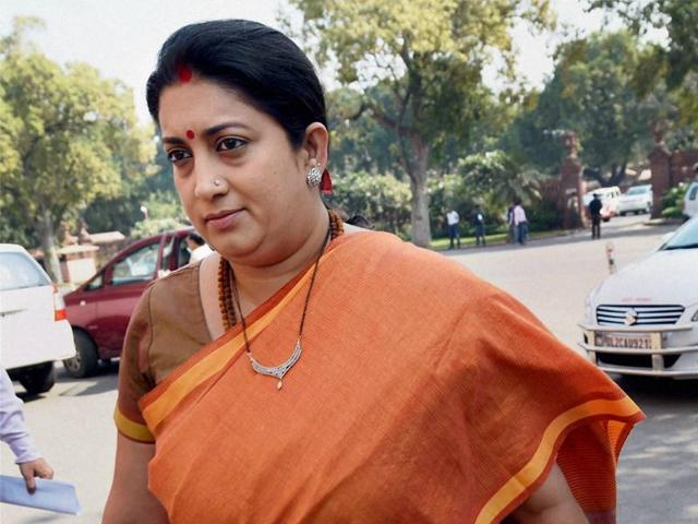 HRD minister Smriti Irani arrives at Parliament House in New Delhi during the budget session.(PTI Photo)
