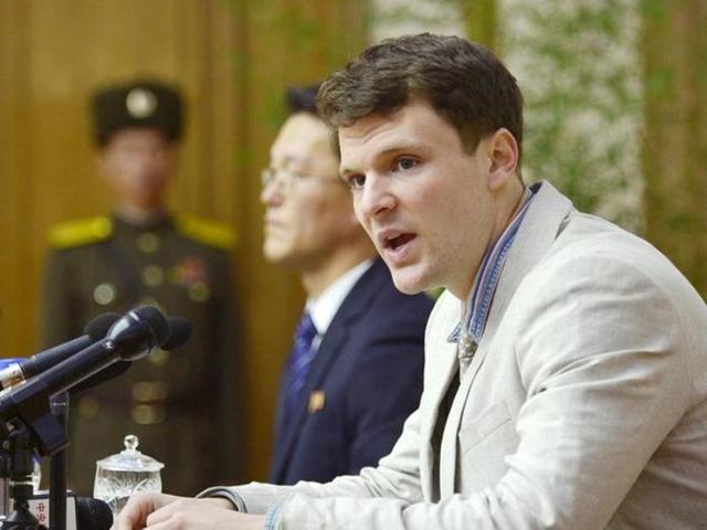 Otto Frederick Warmbier, a University of Virginia student who has been detained in North Korea since early January, attends a new conference in Pyongyang, North Korea.(Reuters Photo)