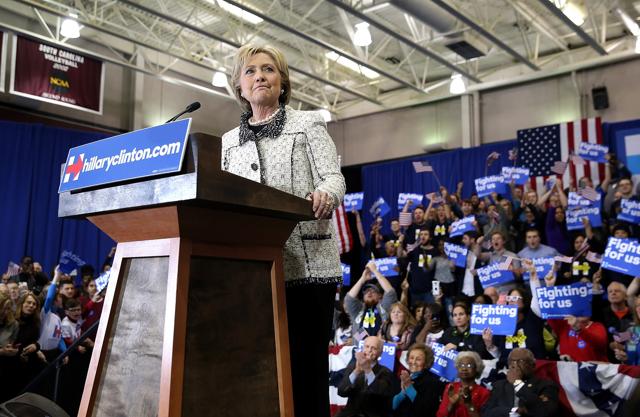 Hillary Clinton speaks during her primary night gathering at the University of South Carolina on Saturday. (AFP) Hillary Clinton speaks during her primary night gathering at the University of South Carolina on Saturday. (AFP)