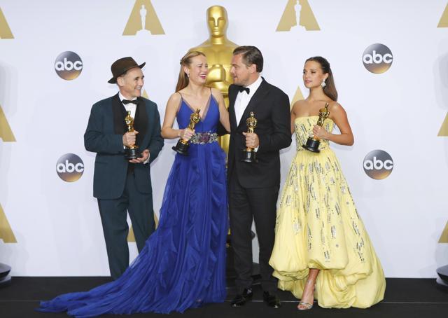 Best supporting actor Mark Rylance, Bridge of Spies, Best actress Brie Larson, Room, best actor Leonardo DiCaprio, The Revenant, and best supporting actress Alicia Vikander, The Danish Girl, pose during the 88th Academy Awards in Hollywood. (REUTERS) Best supporting actor Mark Rylance, Bridge of Spies, Best actress Brie Larson, Room, best actor Leonardo DiCaprio, The Revenant, and best supporting actress Alicia Vikander, The Danish Girl, pose during the 88th Academy Awards in Hollywood. (REUTERS)