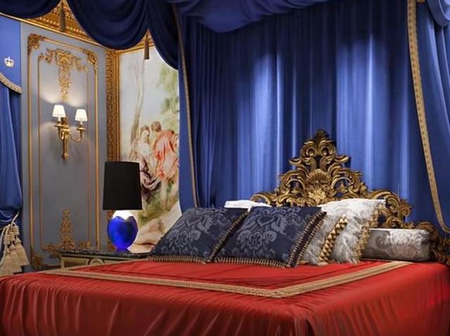 Waking up in the bedroom, you’d be forgiven for thinking you’d woken up in a parallel life as a member of the royal family. The villa bed chamber has a kingsize, velvet-canopied bed with an elaborately carved and gilded Baroque headboard. (the13.com) 