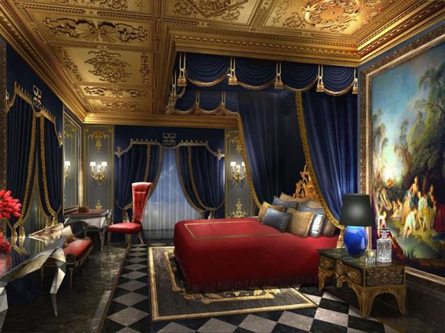 Villa du Comte bedrooms at The 13 feature a king-size, velvet-canopied bed with a carved and gilded Baroque headboard in royal tradition. (the13.com) Villa du Comte bedrooms at The 13 feature a king-size, velvet-canopied bed with a carved and gilded Baroque headboard in royal tradition. (the13.com)