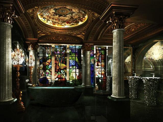 Stained glass windows in the bathroom of Villa du Compte suites at The 13 hotel, Macau. Guests can bathe under art-covered ceilings lit by standing candelabra. (the13.com) Stained glass windows in the bathroom of Villa du Compte suites at The 13 hotel, Macau. Guests can bathe under art-covered ceilings lit by standing candelabra. (the13.com)