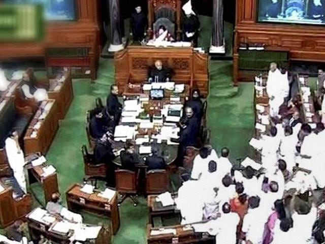 The BJP hit back Congress’ Privilege Motion against HRD minister Smriti Irani in Lok Sabha by pressing for similar action against Jyotiraditya Scindia.(PTI)