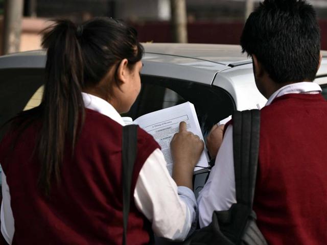Class 12 students at St Thomas’ School in Gole Market area doing some last-minute revision ahead of the Board exams. (Arun Sharma/HT photo) Class 12 students at St Thomas’ School in Gole Market area doing some last-minute revision ahead of the Board exams. (Arun Sharma/HT photo)