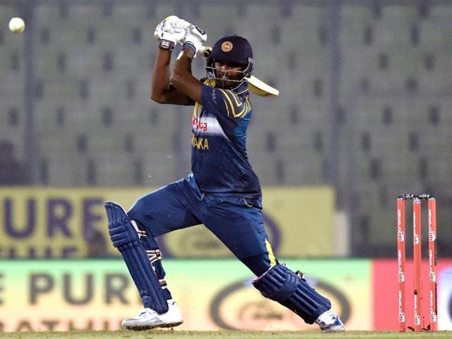 Sri Lanka's Thisara Perera hits a shot. (AFP Photo) 