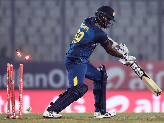 Angelo Mathews is bowled by Hardik Pandya. (AFP Photo) 
