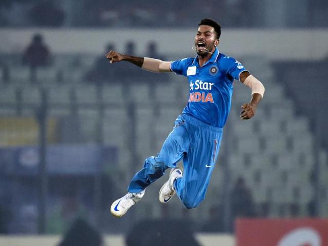 Hardik Pandya celebrates his dismissal of Angelo Mathews. (AFP Photo) 