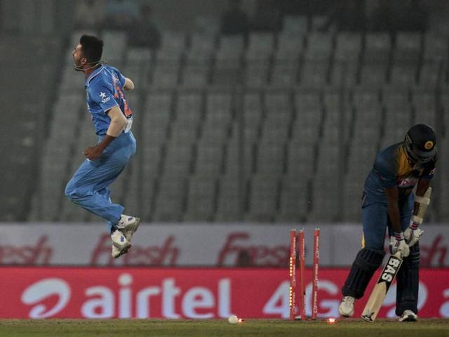 India’s Hardik Pandya, left, reacts after claiming the wicket of Sri Lanka’s captain Angelo Mathews. (AP Photo) 