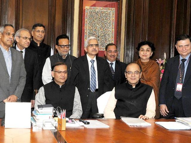 This handout photograph released by the Press Information Bureau (PIB) on Sunday shows finance minister Arun Jaitley with budget officials before the Union Budget 2016 in New Delhi. (AFP) This handout photograph released by the Press Information Bureau (PIB) on Sunday shows finance minister Arun Jaitley with budget officials before the Union Budget 2016 in New Delhi. (AFP)