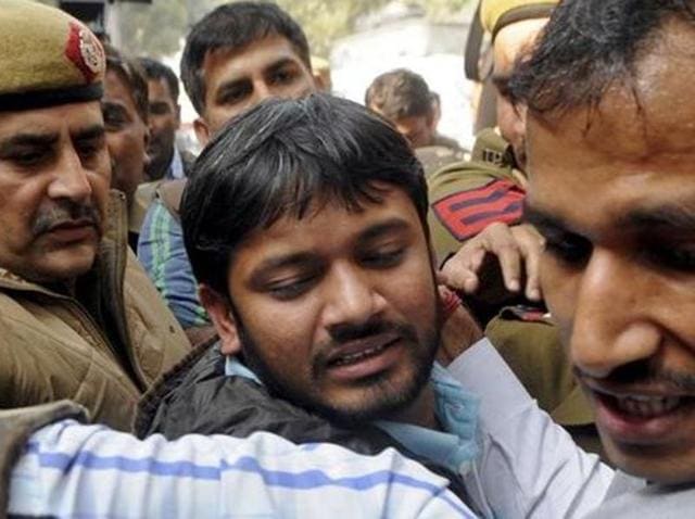 JNU Students' Union president Kanhaiya Kumar's uncle Rajendra Singh address students at the JNU campus during protest against arrest of Kanhaiya, in New Delhi on Monday. (Sanjeev Verma/ HT Photo)
