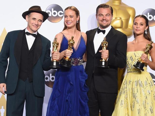 From left to right: Mark Rylance, Brie Larson, Leonardo DiCaprio and Alicia Vikander with their Oscars. (AFP) From left to right: Mark Rylance, Brie Larson, Leonardo DiCaprio and Alicia Vikander with their Oscars. (AFP)
