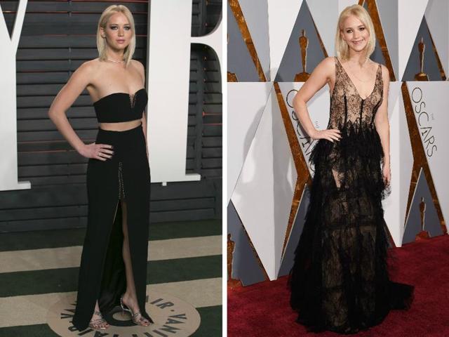 While we like JLaw in both the dresses, it is the evening no-fuss dress (l) that she slayed. 