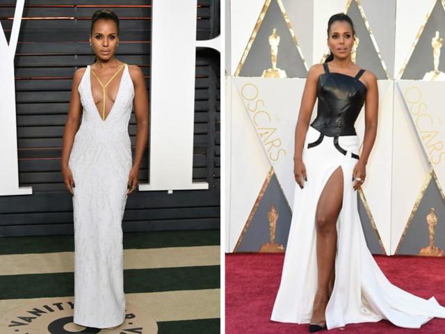 Kerry Washington wore the white gown (r) to the after-party. We like her red carpet gown (l) better but together they make for two great dresses to wear when the world is watching you. 