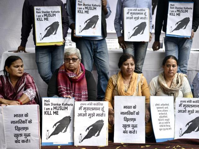 New Delhi, India – March. 01, 2016: Protestors during dharna at Jantar Mantar against Speeches given by VHP, BJP Leader and MOS, MHRD Kathria in Agra openly inciting people to kill Muslims in in New Delhi on Tuesday March, 01, 2016. (Photo by Arun Sharma / Hindustan Times) (Hindustan Times) New Delhi, India – March. 01, 2016: Protestors during dharna at Jantar Mantar against Speeches given by VHP, BJP Leader and MOS, MHRD Kathria in Agra openly inciting people to kill Muslims in in New Delhi on Tuesday March, 01, 2016. (Photo by Arun Sharma / Hindustan Times) (Hindustan Times)