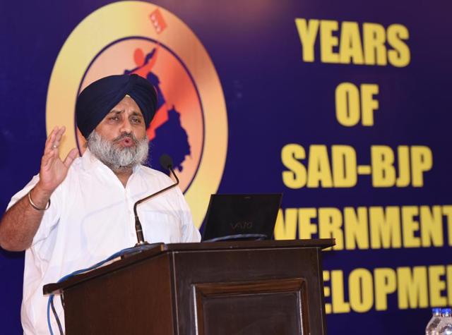 Punjab deputy CM Sukhbir Singh Badal during a press conference in Chandigarh on Wednesday. (Sanjeev Sharma/HT Photo) Punjab deputy CM Sukhbir Singh Badal during a press conference in Chandigarh on Wednesday. (Sanjeev Sharma/HT Photo)