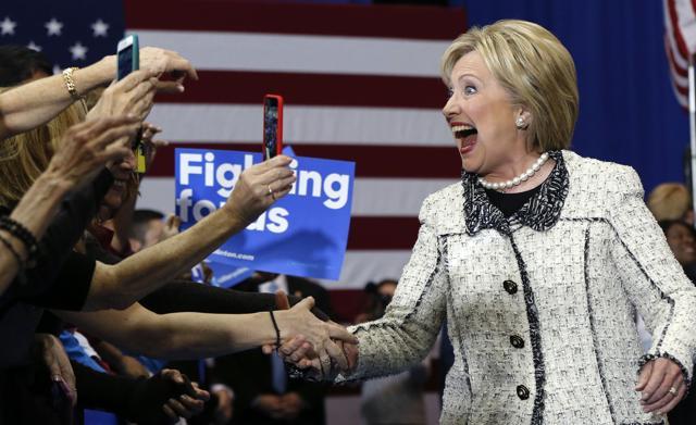 Democratic presidential candidate Hillary Clinton greets supporters at her election night watch party after winning the South Carolina Democratic primary in Columbia on Saturday. (AP) Democratic presidential candidate Hillary Clinton greets supporters at her election night watch party after winning the South Carolina Democratic primary in Columbia on Saturday. (AP)