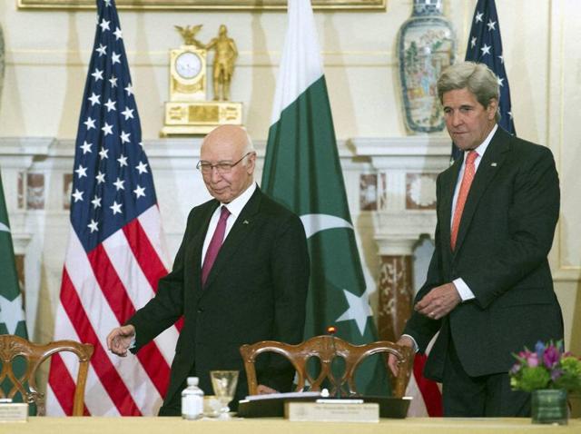US secretary of state John Kerry and Pakistan foreign affairs advisor Sartaj Aziz at the US-Pakistan Strategic Dialogue meeting in Washington. (AP Photo) US secretary of state John Kerry and Pakistan foreign affairs advisor Sartaj Aziz at the US-Pakistan Strategic Dialogue meeting in Washington. (AP Photo)