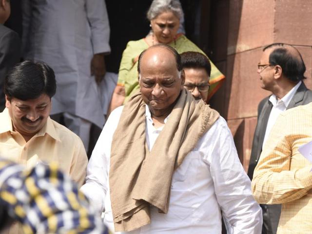 Nationalist Congress Party chief Sharad Pawar leaving after attending the Parliament Budget Session 2016.(Sonu Mehta/HT)