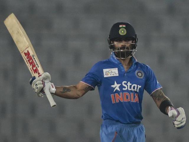 India’s Virat Kohli acknowledges the crowd after scoring fifty runs during the Asia Cup T20 match against Sri Lanka in Dhaka on March 1, 2016. (AP Photo) India’s Virat Kohli acknowledges the crowd after scoring fifty runs during the Asia Cup T20 match against Sri Lanka in Dhaka on March 1, 2016. (AP Photo)