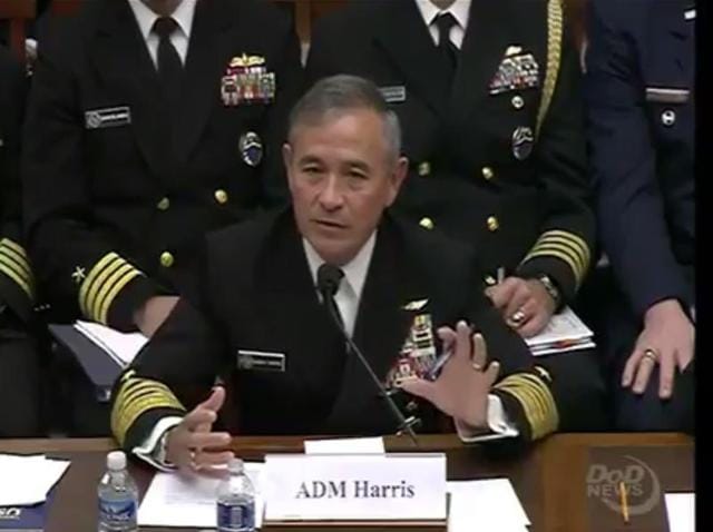 Admiral Harry B Harris, the US Pacific Command chief, said that the four countries should be involved in a security dialogue focussing on freedom of navigation in international waters.(twitter/@PacificCommand) Admiral Harry B Harris, the US Pacific Command chief, said that the four countries should be involved in a security dialogue focussing on freedom of navigation in international waters.(twitter/@PacificCommand)