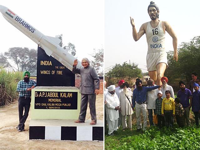 Sculptures of APJ Abdul Kalam and Milkha Singh displayed at the Desh Bhagat Park in Ghal Kalan in Moga, Punjab.
