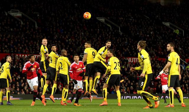 Juan Mata, second from right, gave United their fourth successive win in all competitions with his free kick winner. (AP Photo) Juan Mata, second from right, gave United their fourth successive win in all competitions with his free kick winner. (AP Photo)