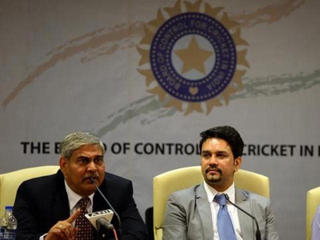 Board of Control for Cricket in India (BCCI) treasurer Anirudh Chaudhry (right) and secretary Anurag Thakur (centre) look on as president Shashank Manohar speaks at the Wankhede stadium in Mumbai. (AFP File Photo) Board of Control for Cricket in India (BCCI) treasurer Anirudh Chaudhry (right) and secretary Anurag Thakur (centre) look on as president Shashank Manohar speaks at the Wankhede stadium in Mumbai. (AFP File Photo)
